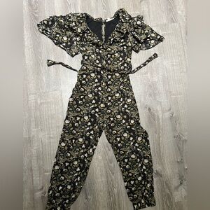 Anthropologie fall winter jumpsuit puffy sleeves black print cocktail party XS